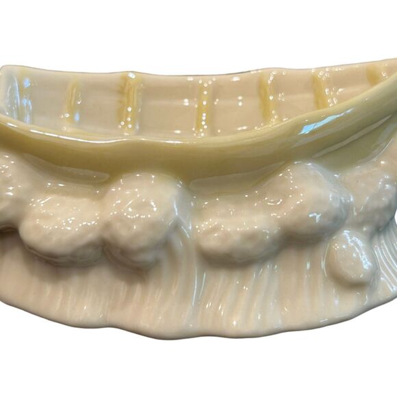 Vintage Belleek Porcelain Cream/Yellow Boat Salt Trinket Dish~7th Brown Mark - Picture 2 of 8